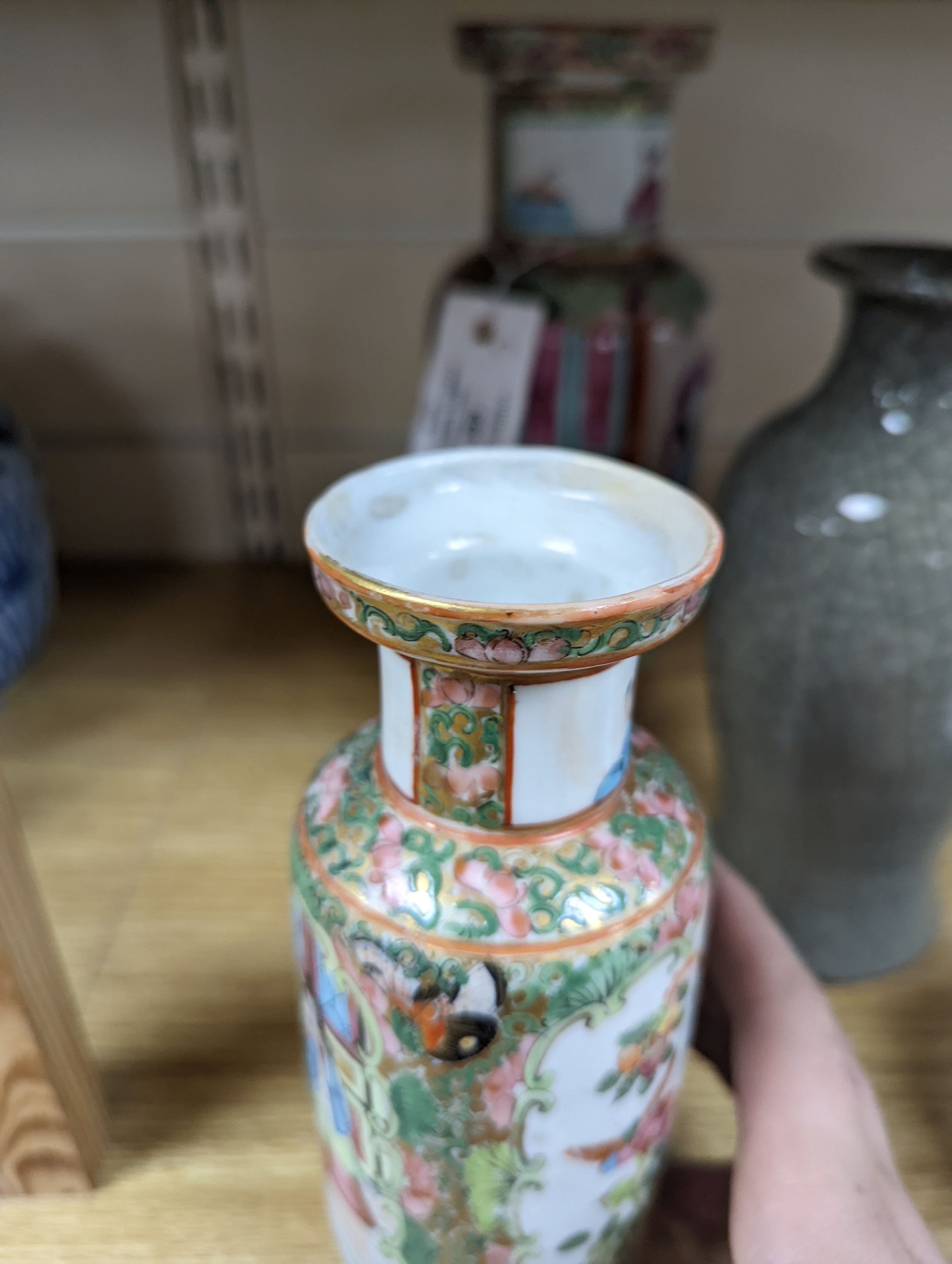 Two Chinese famille rose vases and a Celadon crackle glazed vase, 19th-century and later, tallest 25 cm